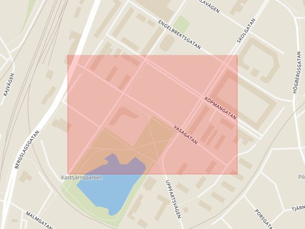 Karta som med röd fyrkant ramar in Vasagatan, Ludvika, Dalarnas län
