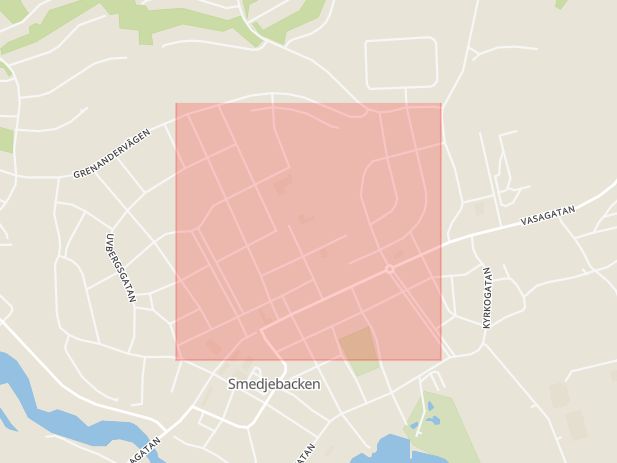 Karta som med röd fyrkant ramar in Malmgatan, Skidspår, Smedjebacken, Dalarnas län