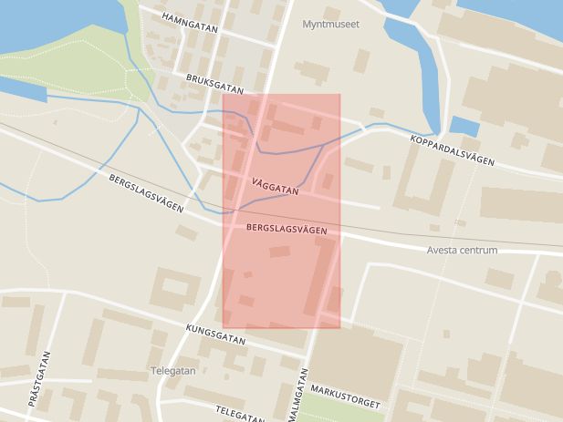 Karta som med röd fyrkant ramar in Avesta Centrum, Kungsgatan, Avesta, Dalarnas län