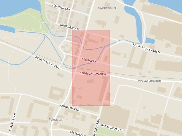 Karta som med röd fyrkant ramar in Avesta Centrum, Markusgatan, Avesta, Dalarnas län