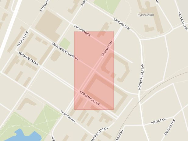 Karta som med röd fyrkant ramar in Engelbrektsgatan, Skolgatan, Ludvika, Dalarnas län