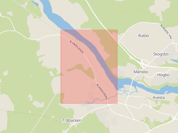 Karta som med röd fyrkant ramar in Älvbrovägen, Avesta, Dalarnas län