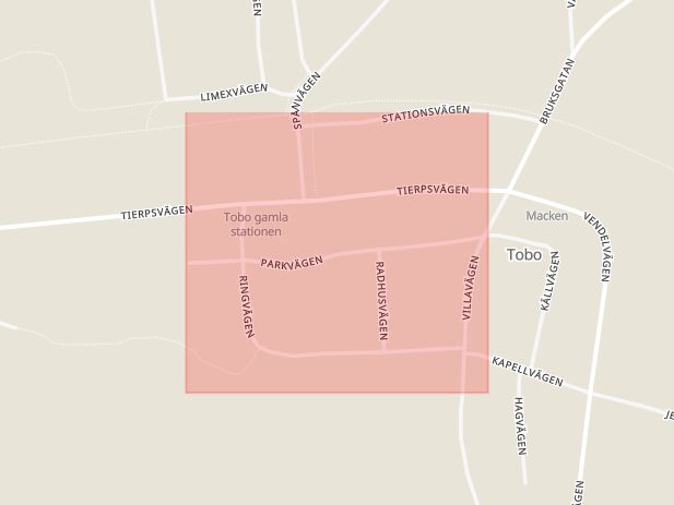 Karta som med röd fyrkant ramar in Parkvägen, Tobo, Tierp, Uppsala län
