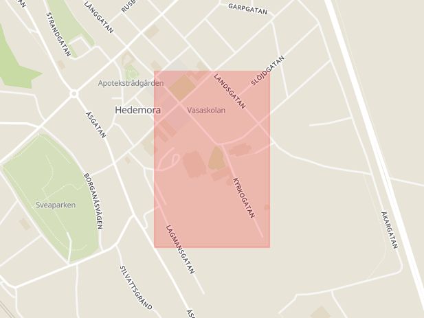 Karta som med röd fyrkant ramar in Kyrkogatan, Hedemora, Dalarnas län