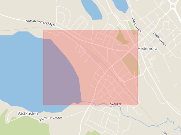 Karta som med röd fyrkant ramar in Västra Järnvägsgatan, Hedemora, Dalarnas län
