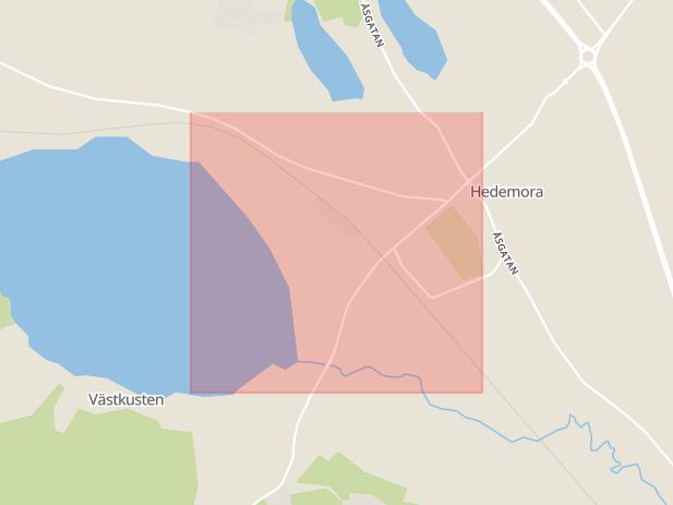 Karta som med röd fyrkant ramar in Västra Järnvägsgatan, Hedemora, Dalarnas län