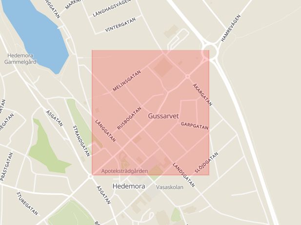 Karta som med röd fyrkant ramar in Gussarvsgatan, Hedemora, Dalarnas län