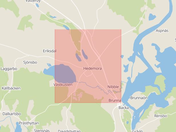 Karta som med röd fyrkant ramar in Hedemora, Sätervägen, Yttre Heden, Noret, Dalarnas län