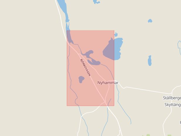 Karta som med röd fyrkant ramar in Kvarnhedsvägen, Nyhammar, Ludvika, Dalarnas län
