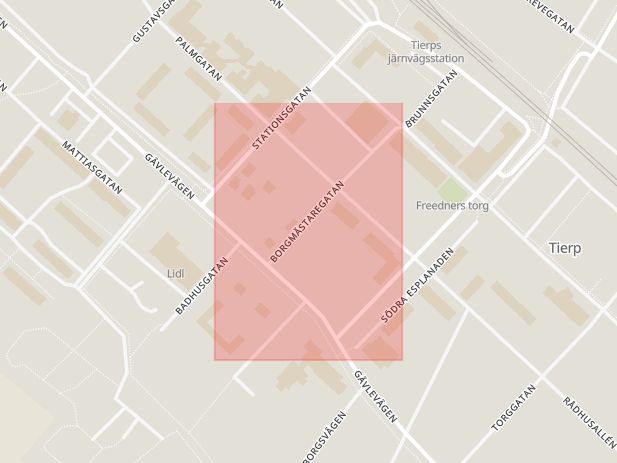 Karta som med röd fyrkant ramar in Borgmästaregatan, Tierp, Uppsala län