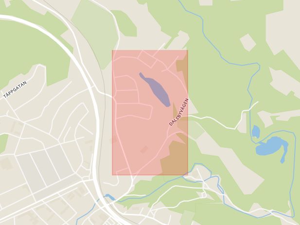 Karta som med röd fyrkant ramar in Dalsbyvägen, Säter, Dalarnas län