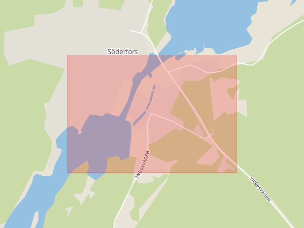 Karta som med röd fyrkant ramar in Söderfors, Akademiska Sjukhuset, Uppsala, Tierp, Uppsala län