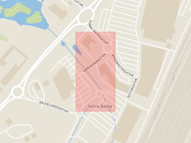 Karta som med röd fyrkant ramar in Mekanikergatan, Norra Backa, Borlänge, Dalarnas län