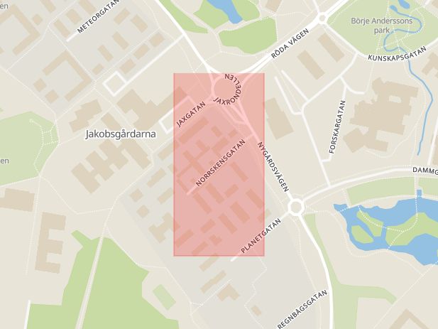 Karta som med röd fyrkant ramar in Norrskensgatan, Borlänge, Dalarnas län