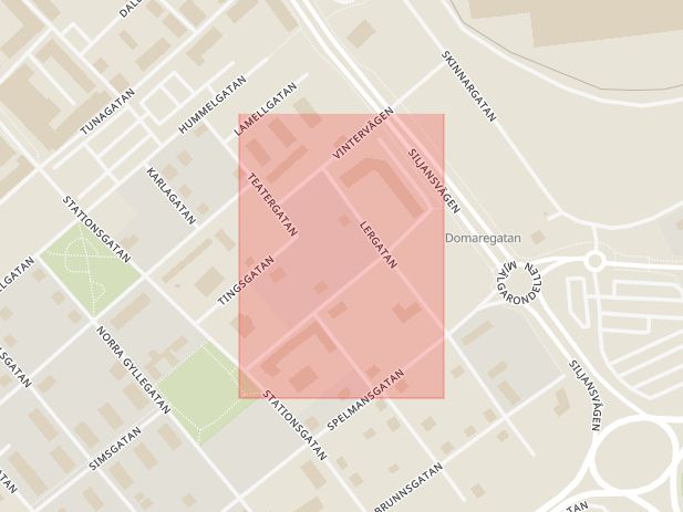 Karta som med röd fyrkant ramar in Domaregatan, Borlänge, Dalarnas län