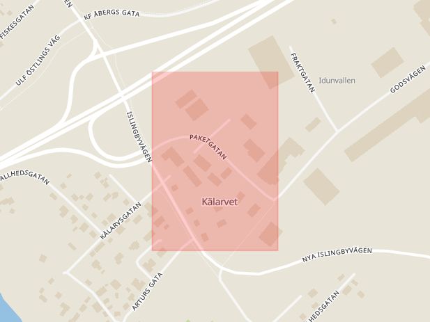 Karta som med röd fyrkant ramar in Paketgatan, Borlänge, Dalarnas län