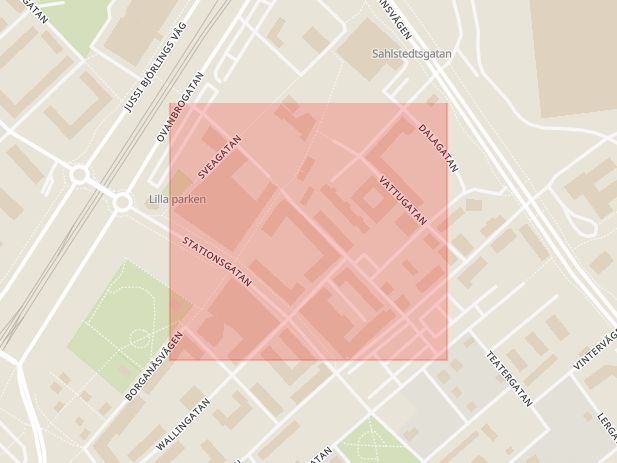 Karta som med röd fyrkant ramar in Målaregatan, Borlänge, Dalarnas län