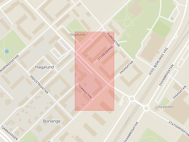 Karta som med röd fyrkant ramar in Vasagatan, Stationsgatan, Borlänge, Dalarnas län