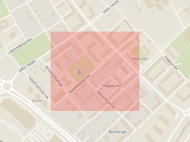 Karta som med röd fyrkant ramar in Tångringsgatan, Borlänge, Dalarnas län