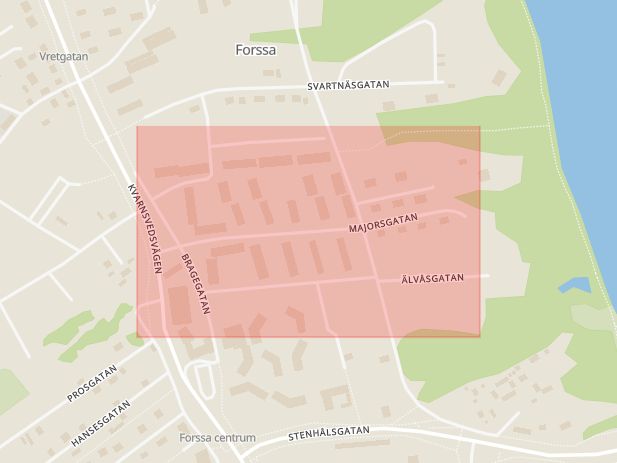 Karta som med röd fyrkant ramar in Majorsgatan, Borlänge, Dalarnas län