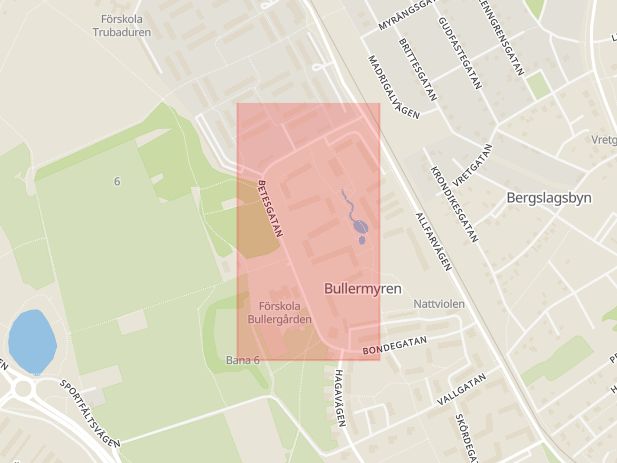 Karta som med röd fyrkant ramar in Betesgatan, Borlänge, Dalarnas län