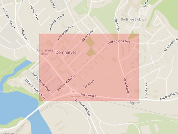 Karta som med röd fyrkant ramar in Hagbacksgatan, Hönsarvet, Borlänge, Dalarnas län