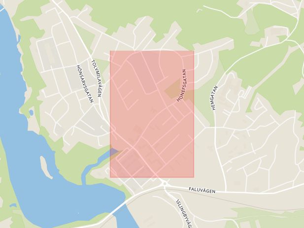 Karta som med röd fyrkant ramar in Honefsgatan, Domnarvet, Borlänge, Dalarnas län