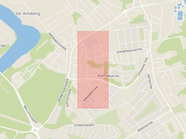Karta som med röd fyrkant ramar in Ringargatan, Skördegatan, Borlänge, Dalarnas län