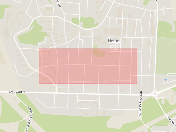Karta som med röd fyrkant ramar in Brännkärrsgatan, Hofors, Gävleborgs län