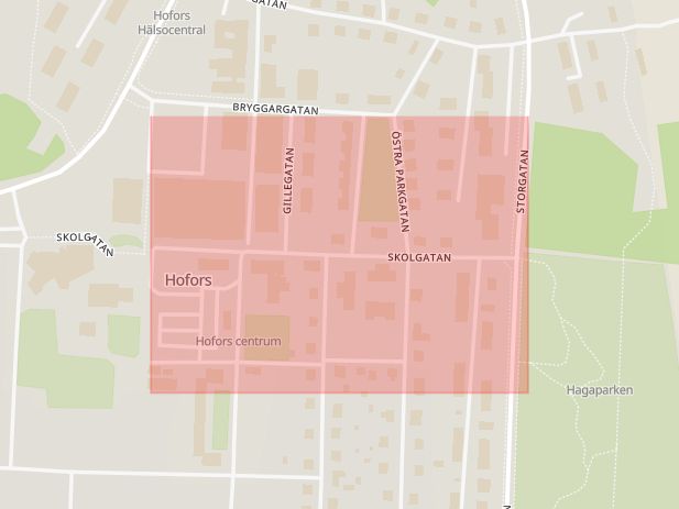 Karta som med röd fyrkant ramar in Skolgatan, Hofors, Gävleborgs län