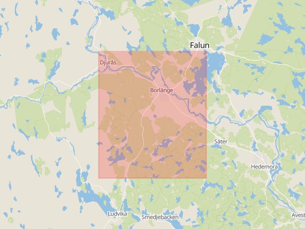 Karta som med röd fyrkant ramar in Borlänge, Smedjebacken, Avesta, Lindvallen, Dalarnas län