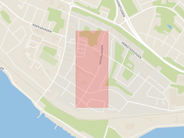 Karta som med röd fyrkant ramar in Hasselvägen, Hälsinggården, Falun, Dalarnas län