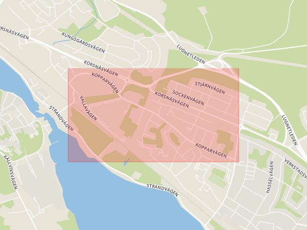 Karta som med röd fyrkant ramar in Kopparvägen, Hälsinggården, Falun, Dalarnas län