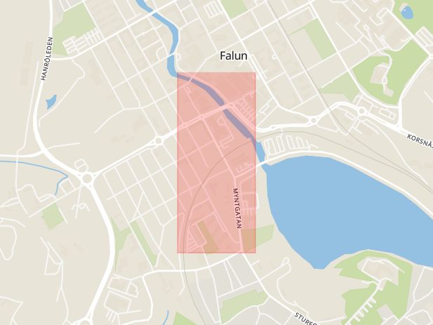 Karta som med röd fyrkant ramar in Myntgatan, Borlänge, Falun, Dalarnas län