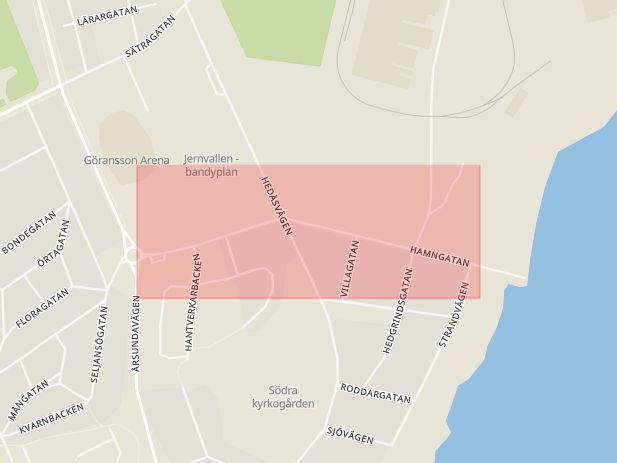 Karta som med röd fyrkant ramar in Hamngatan, Sandviken, Gävleborgs län