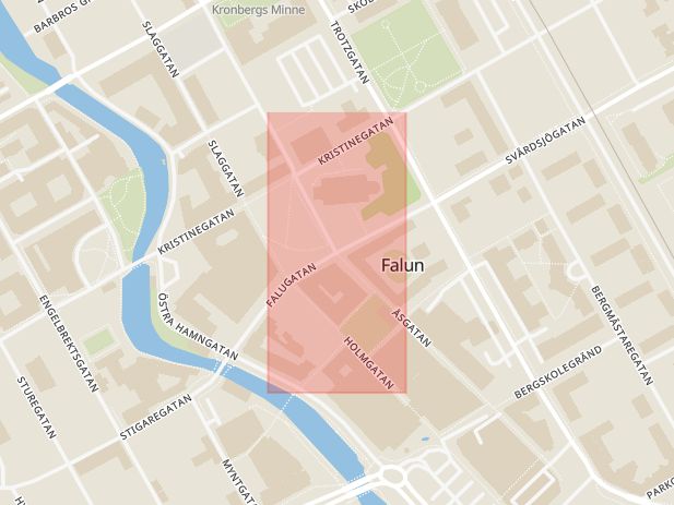 Karta som med röd fyrkant ramar in Falugatan, Åsgatan, Borlänge, Falun, Dalarnas län