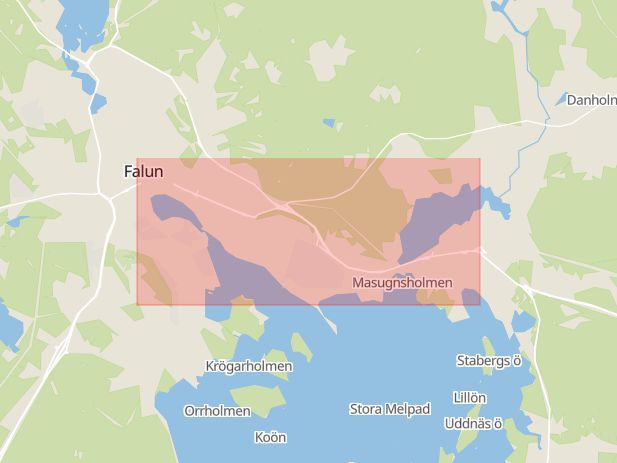 Karta som med röd fyrkant ramar in Korsnäsvägen, Haraldsbo, Falun, Dalarnas län