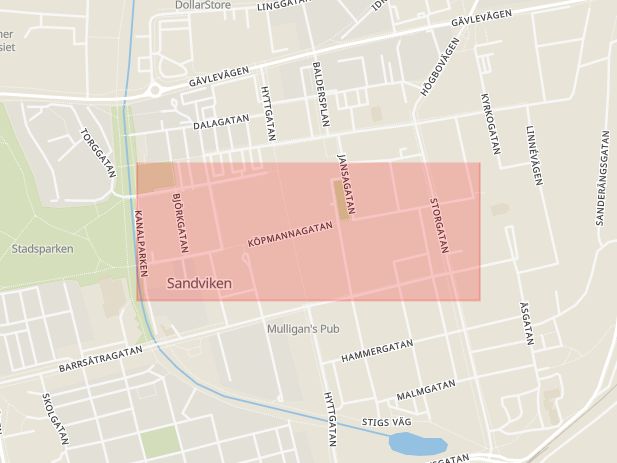 Karta som med röd fyrkant ramar in Köpmangatan, Sandviken, Gävleborgs län