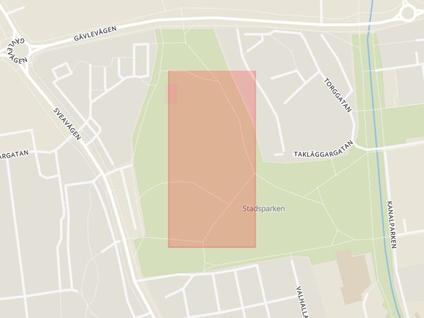 Karta som med röd fyrkant ramar in Söderskolan, Stadsparken, Sandviken