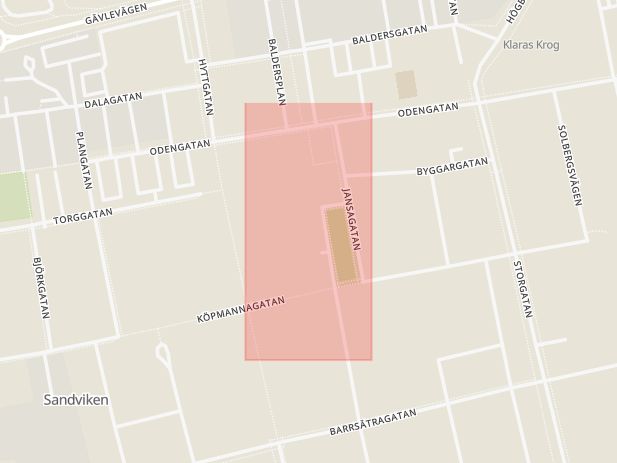 Karta som med röd fyrkant ramar in Smedsgatan, Bruket, Sandviken, Gävleborgs län