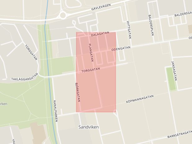 Karta som med röd fyrkant ramar in Plangatan, Sandviken, Gävleborgs län