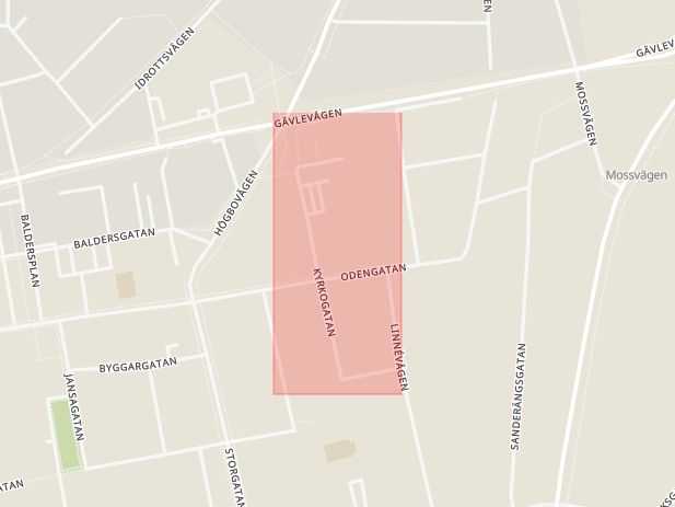 Karta som med röd fyrkant ramar in Kyrkogatan, Sandviken, Gävleborgs län