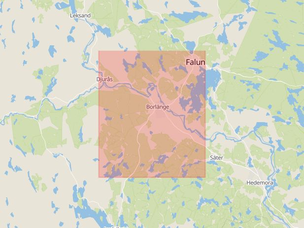 Karta som med röd fyrkant ramar in Dalarna, Borlänge, Falun, Dalarnas län