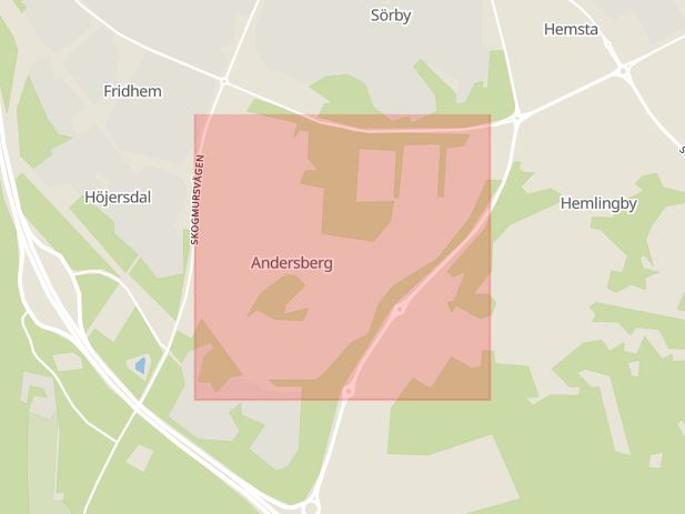 Karta som med röd fyrkant ramar in Andersberg, Vändkretsen, Gävle, Gävleborgs län