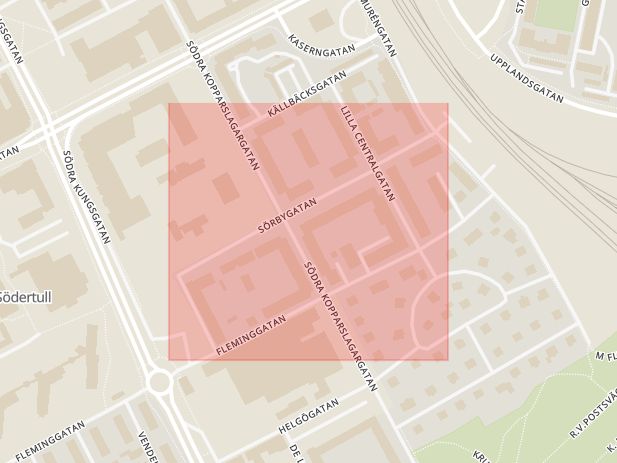 Karta som med röd fyrkant ramar in Sörbygatan, Gävle, Gävleborgs län