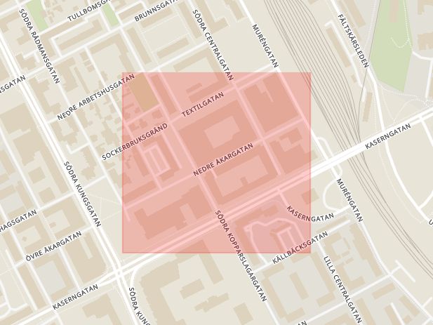 Karta som med röd fyrkant ramar in Nedre Åkargatan, Gävle, Gävleborgs län
