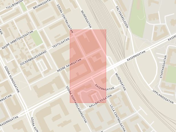 Karta som med röd fyrkant ramar in Nedre Åkargatan, Fiskargatan, Gävle, Gävleborgs län