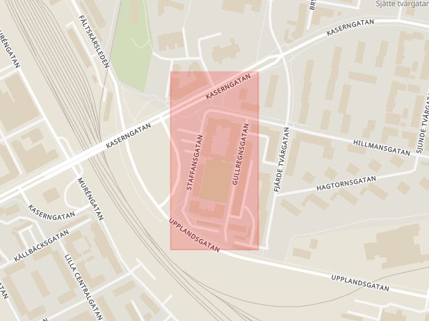 Karta som med röd fyrkant ramar in Brynäs, Staffansgatan, Dalagatan, Gävle, Gävleborgs län