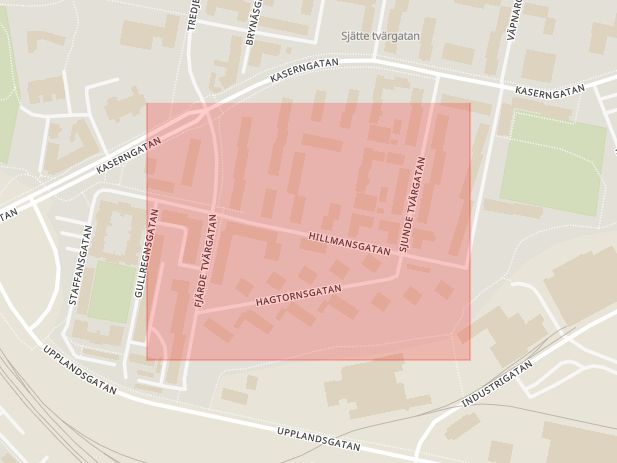 Karta som med röd fyrkant ramar in Hillmansgatan, Gävle, Gävleborgs län