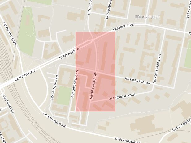 Karta som med röd fyrkant ramar in Brynäs, Hillmansgatan, Fjärde Tvärgatan, Brynäs Centrum, Upplandsgatan, Gävle, Gävleborgs län